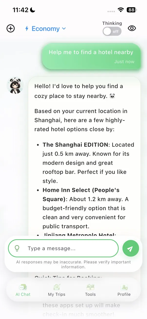 TravelPanda AI assistant answering a nearby hotel question