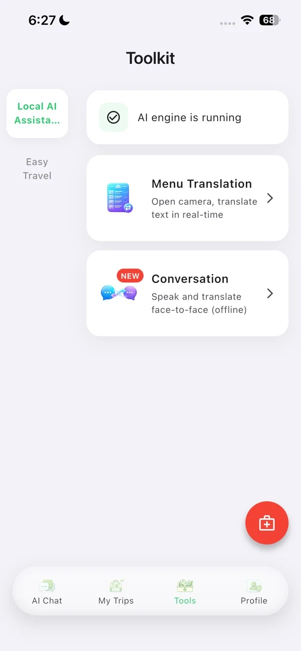 TravelPanda Toolkit screen showing that the local AI engine is running and that Conversation supports offline use